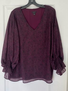 Halogen Plum Shimmer Blouse XL V-Neck Balloon Sleeve Top